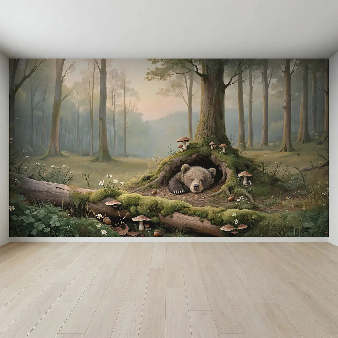 Full view of Sleeping Bear Cub Curled Wallpaper Mural by Whimsy Tots
