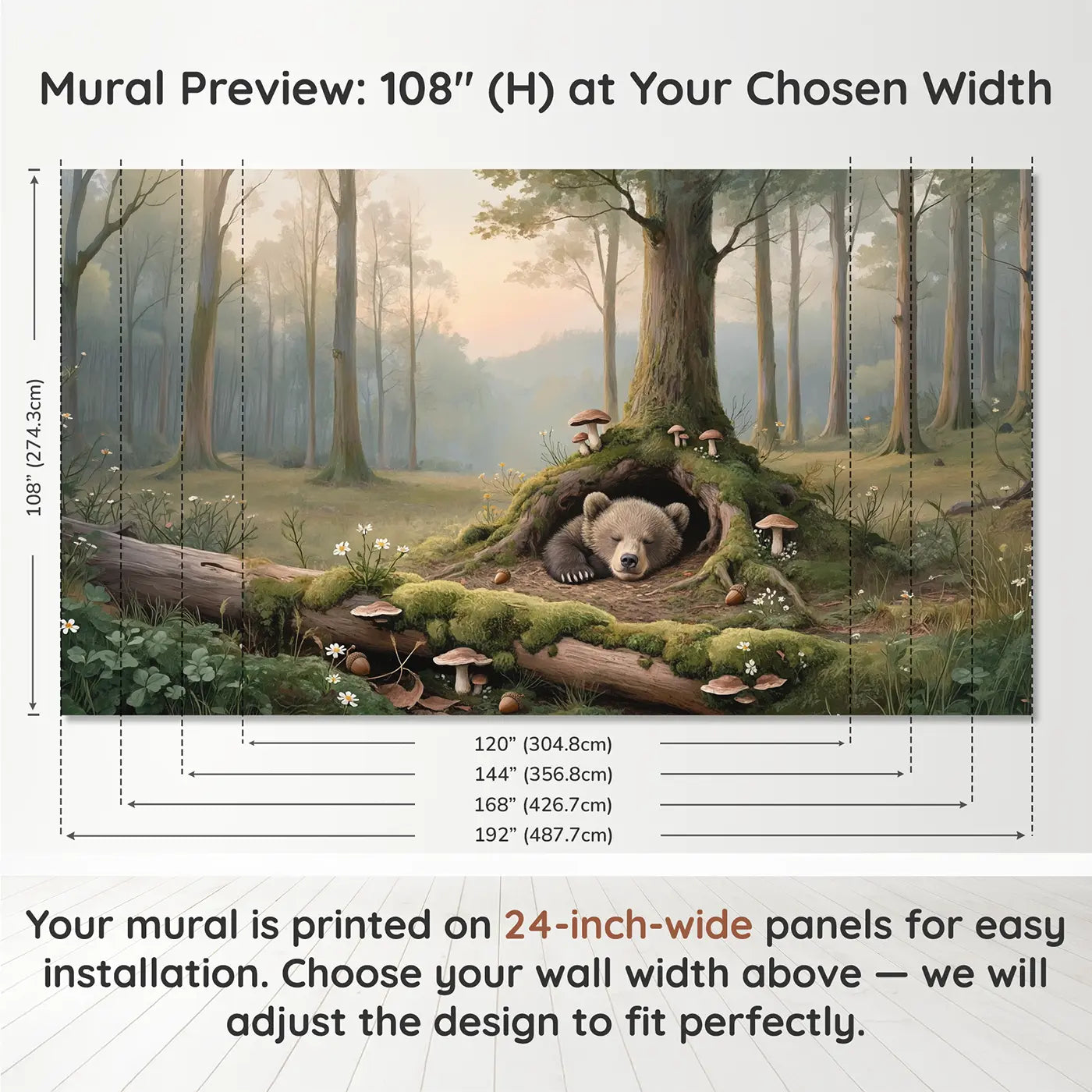 Panel layout and dimensions for Sleeping Bear Cub Curled Wallpaper Mural by Whimsy Tots