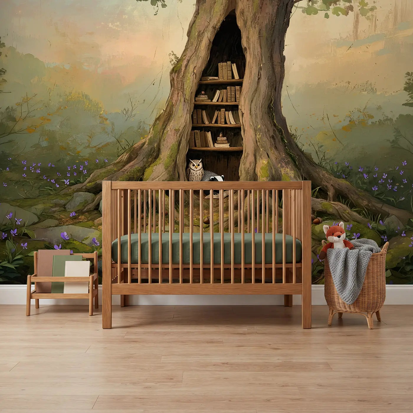 pastel badger owl midnight forest wallpaper mural for nursery by Whimsy Tots
