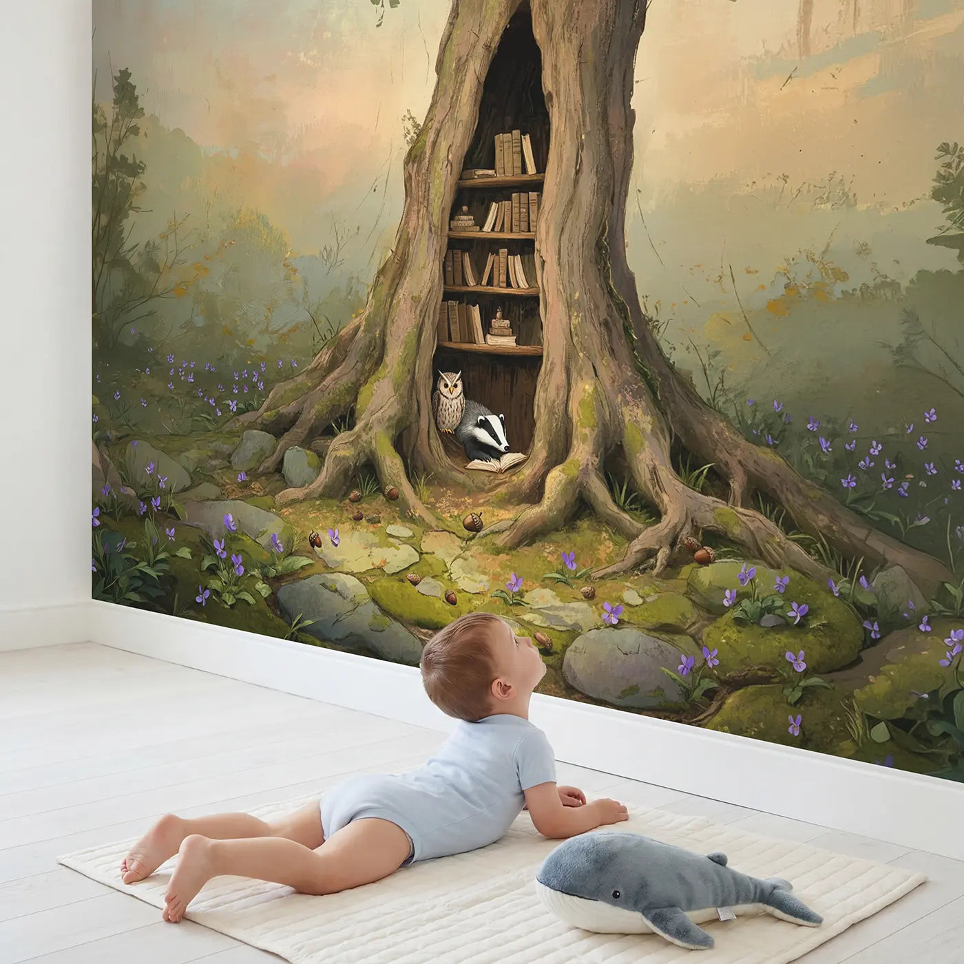 Child in nursery with Badger Owl Running Midnight Wallpaper Mural by Whimsy Tots