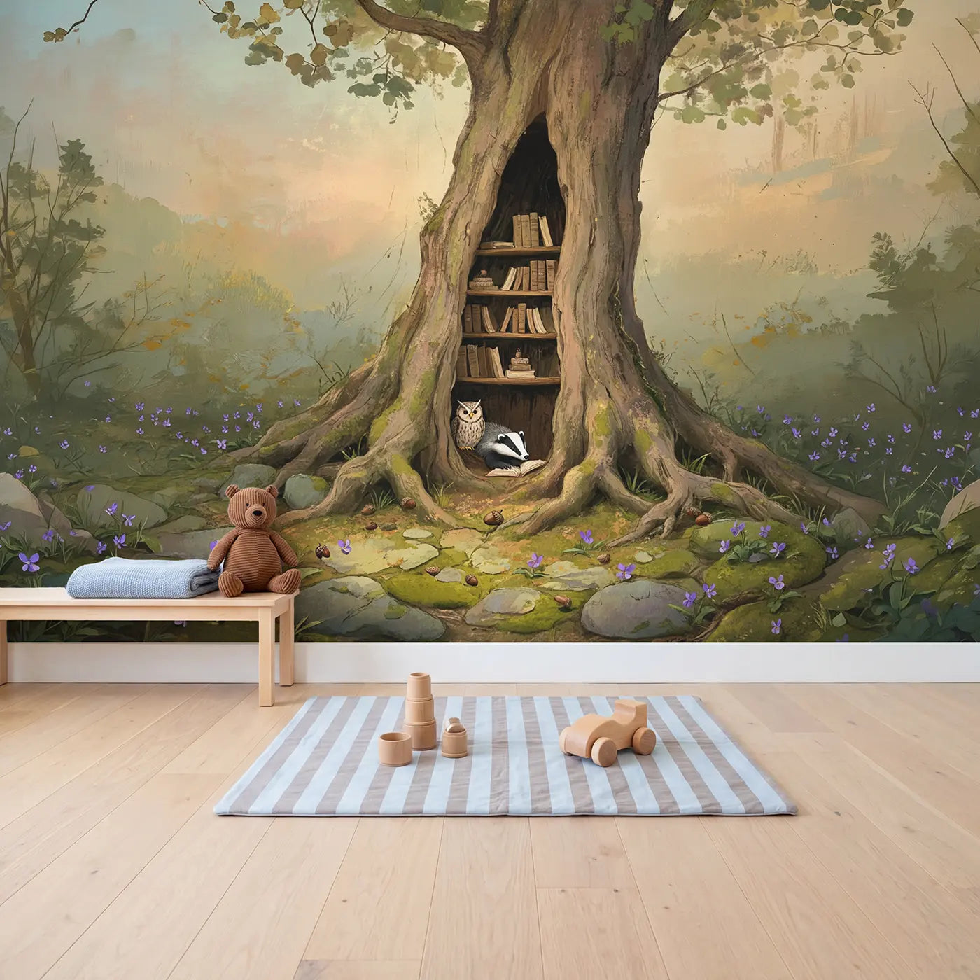 Badger Owl Running Midnight Wallpaper Mural in playroom setting by Whimsy Tots