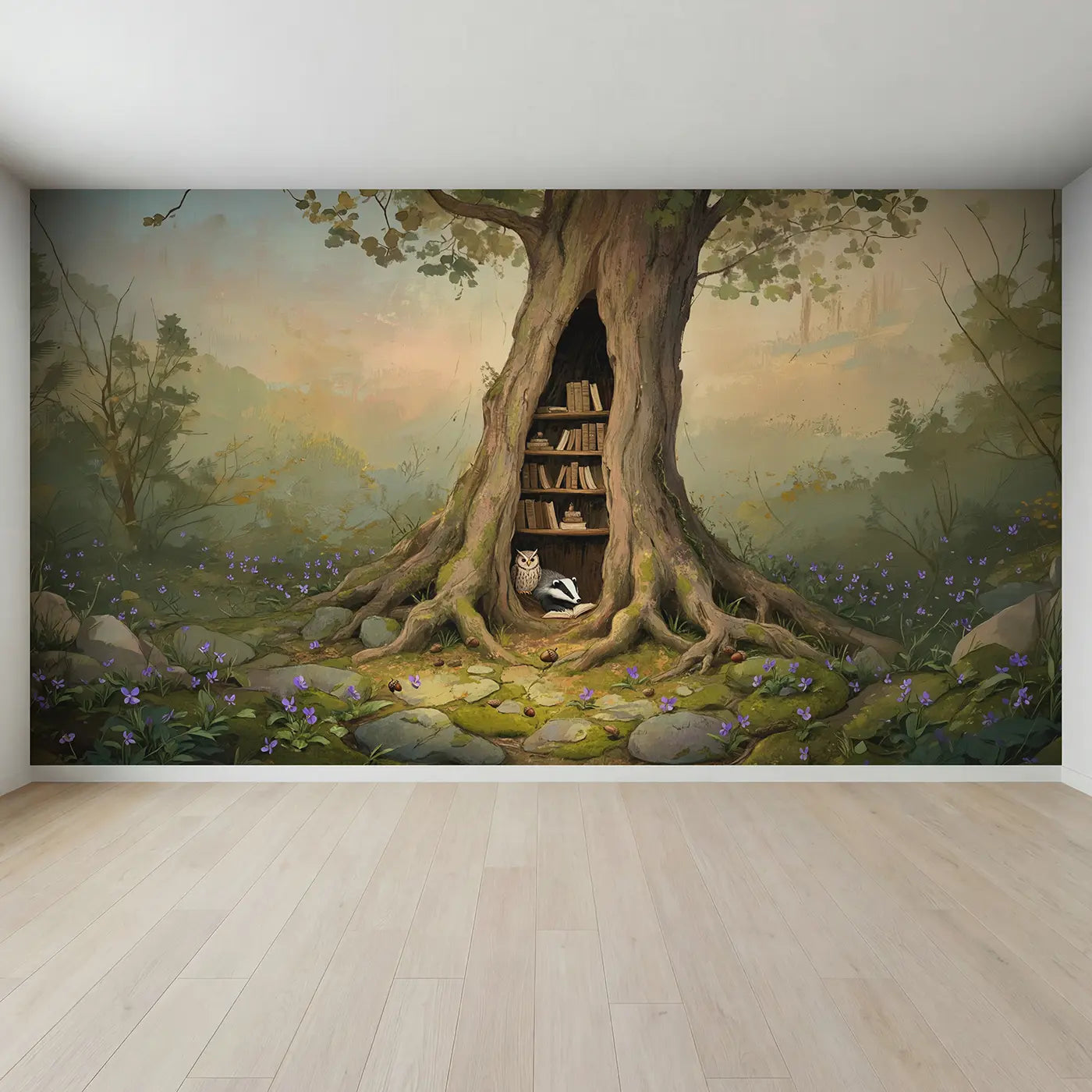 Full view of Badger Owl Running Midnight Wallpaper Mural by Whimsy Tots