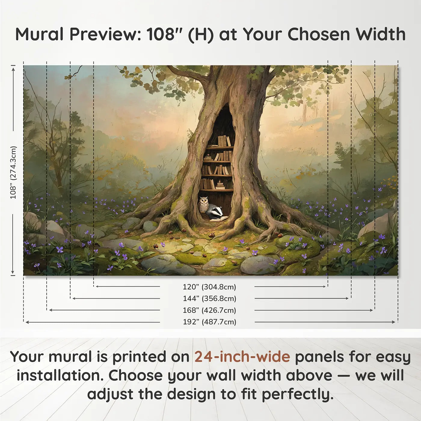 Panel layout and dimensions for Badger Owl Running Midnight Wallpaper Mural by Whimsy Tots