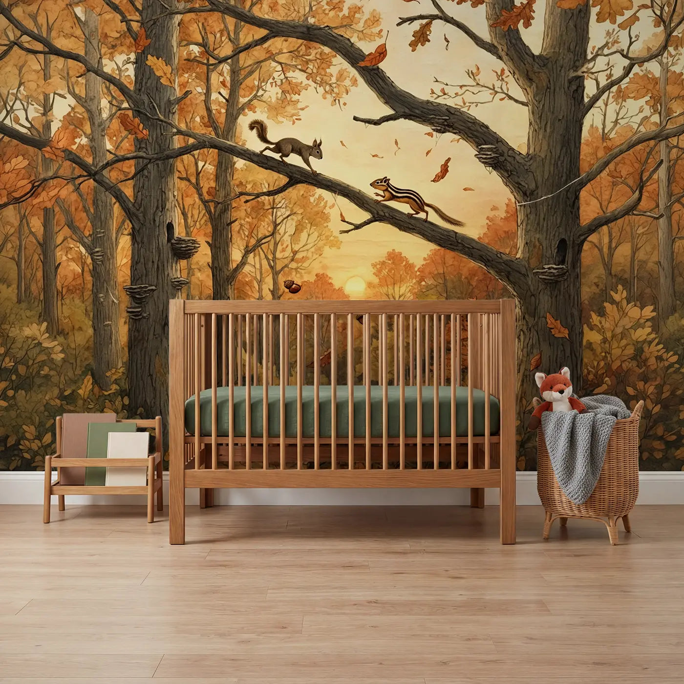Storybook squirrel treetop race wallpaper mural for nursery by Whimsy Tots