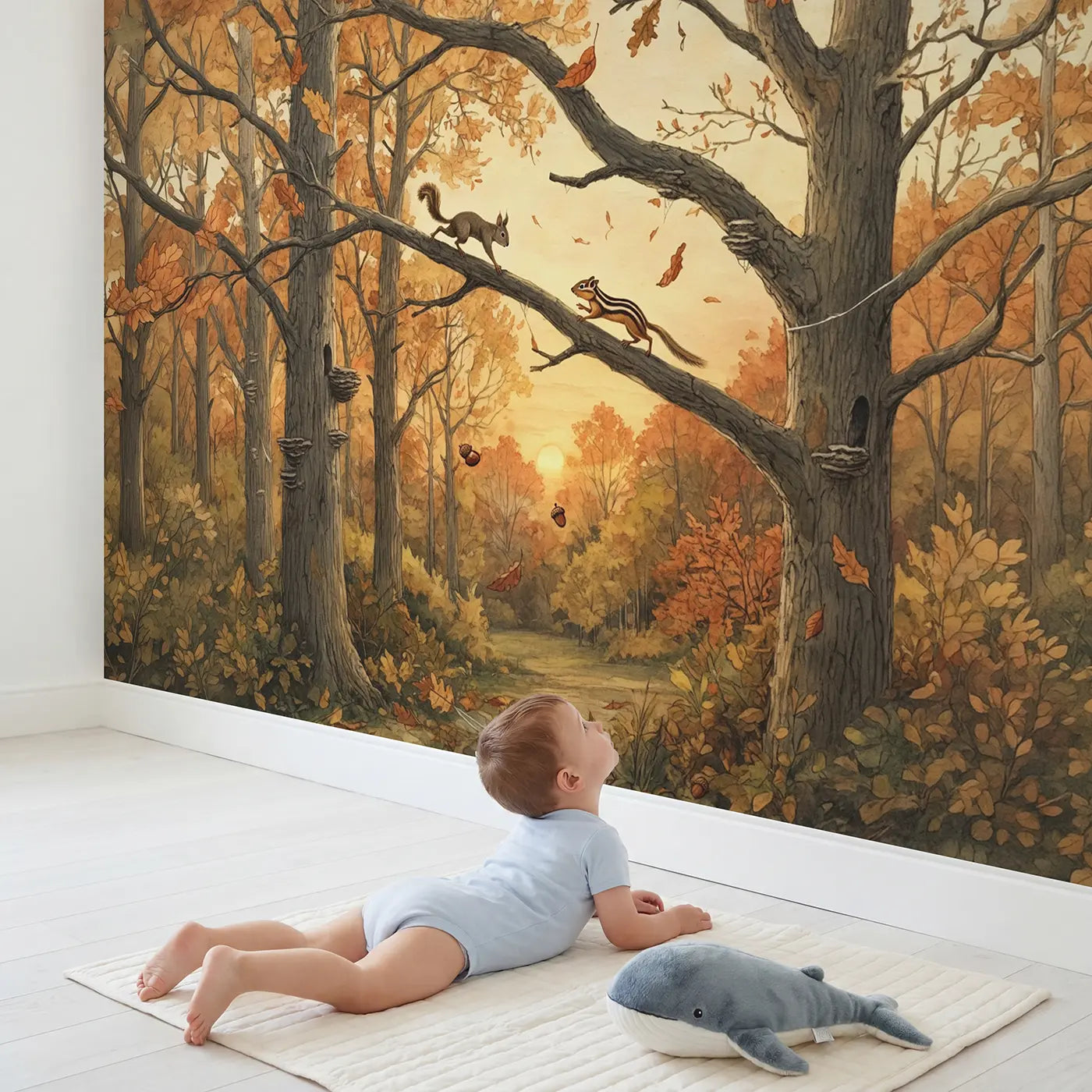 Child in nursery with Squirrel Treetop Race Wallpaper Mural by Whimsy Tots