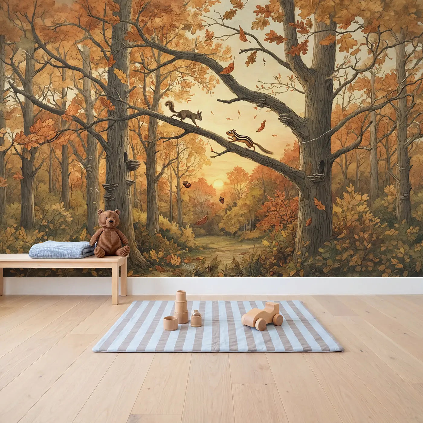 Squirrel Treetop Race Wallpaper Mural in playroom setting by Whimsy Tots