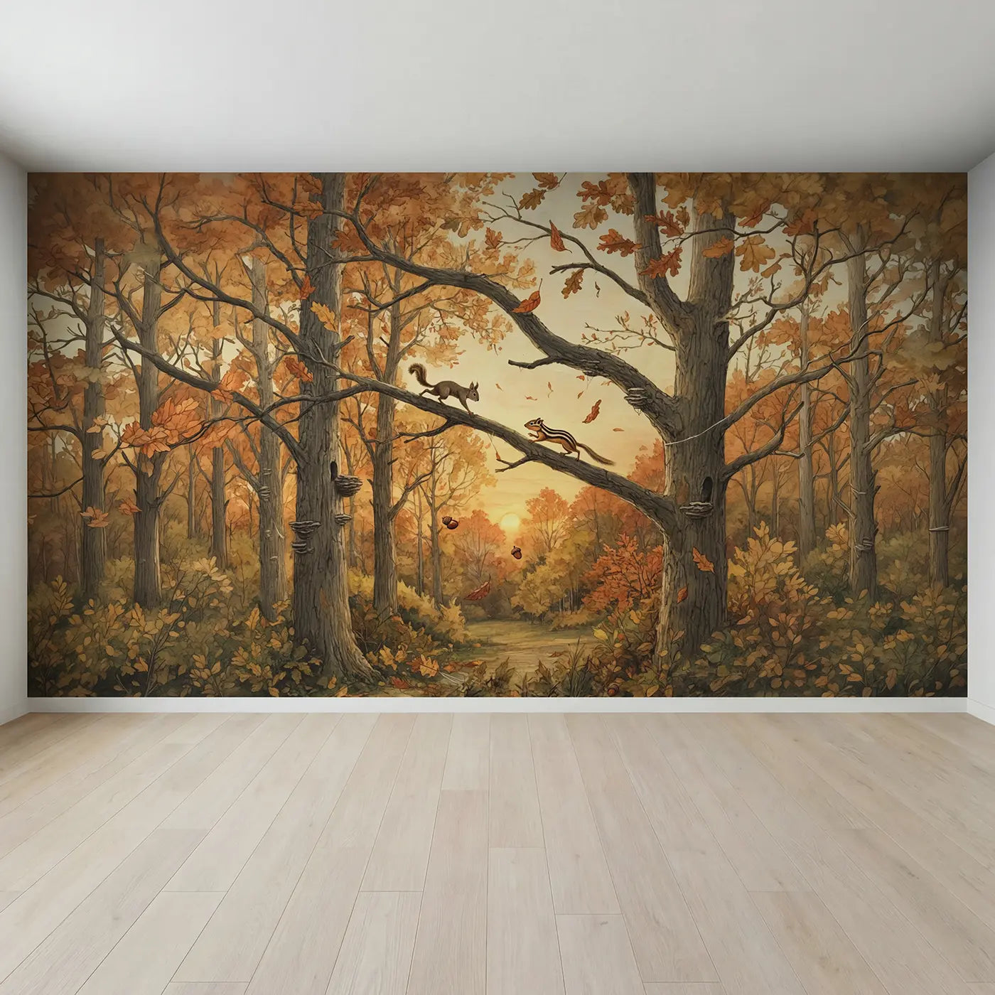 Full view of Squirrel Treetop Race Wallpaper Mural by Whimsy Tots