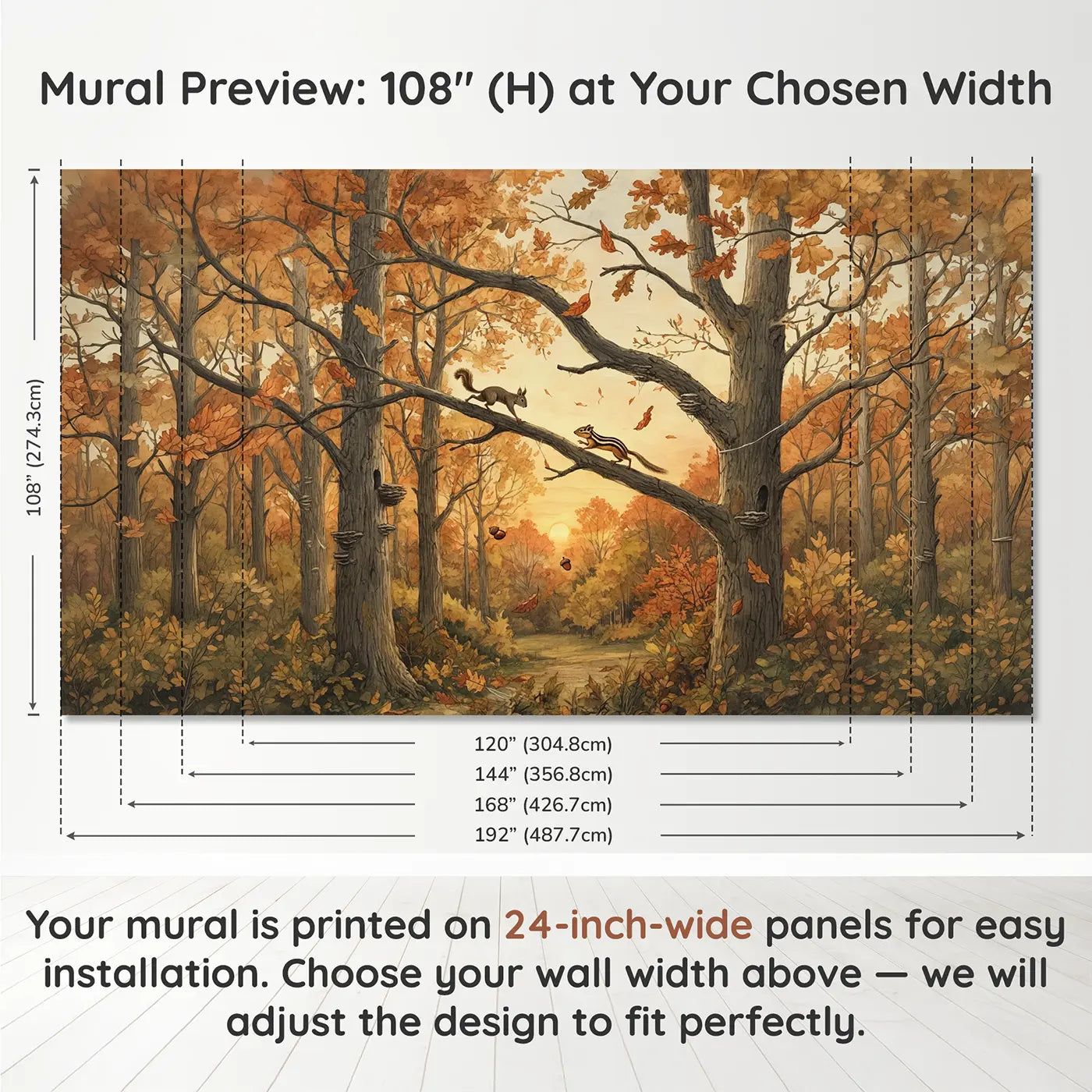 Panel layout and dimensions for Squirrel Treetop Race Wallpaper Mural by Whimsy Tots