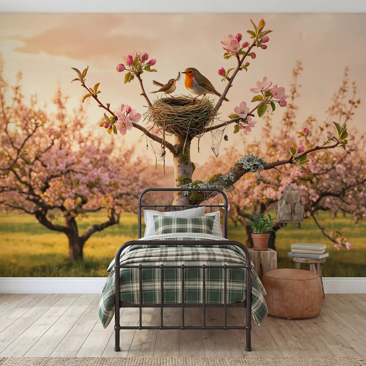 Soft pastel robin woodland wallpaper mural for kids room by Whimsy Tots
