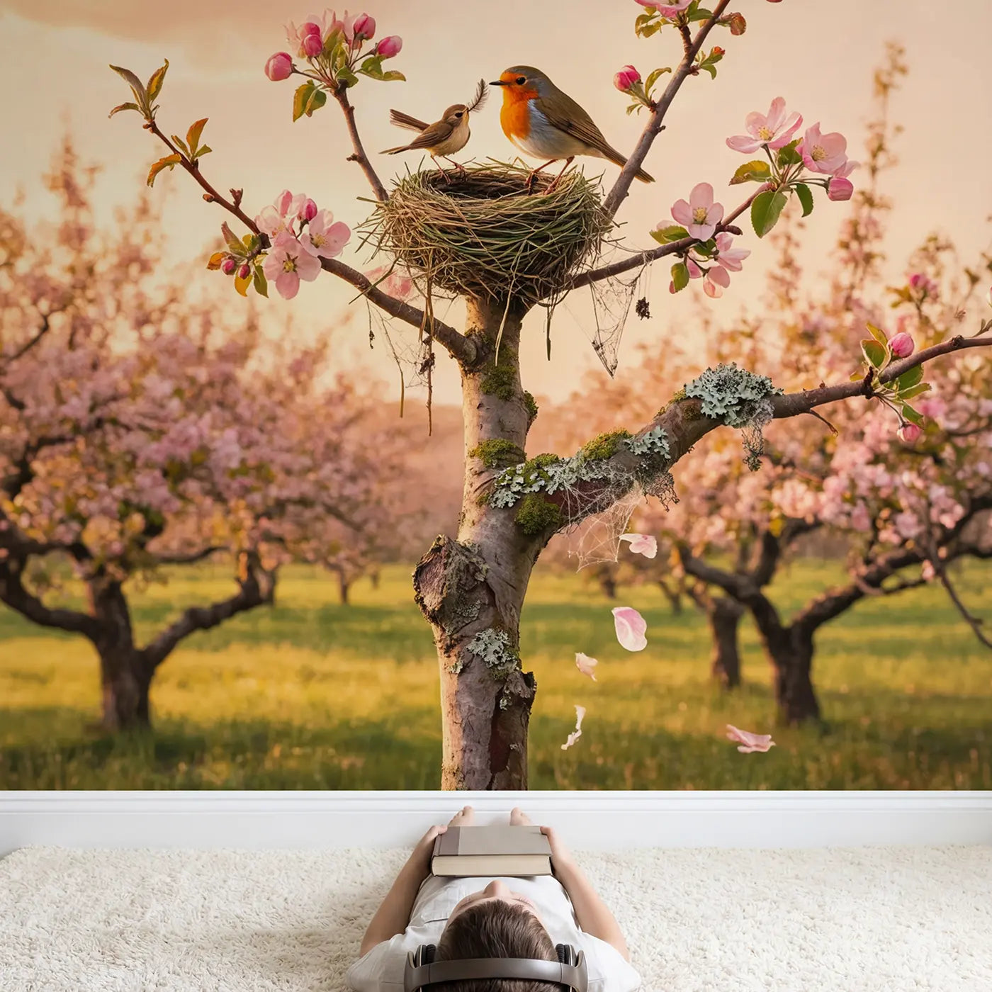Child in nursery with Robin and Wren Nest Builders Wallpaper Mural by Whimsy Tots