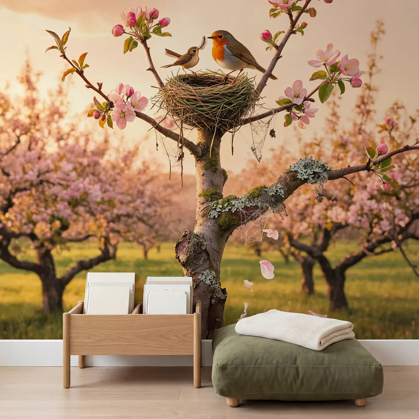 Robin and Wren Nest Builders Wallpaper Mural in playroom setting by Whimsy Tots