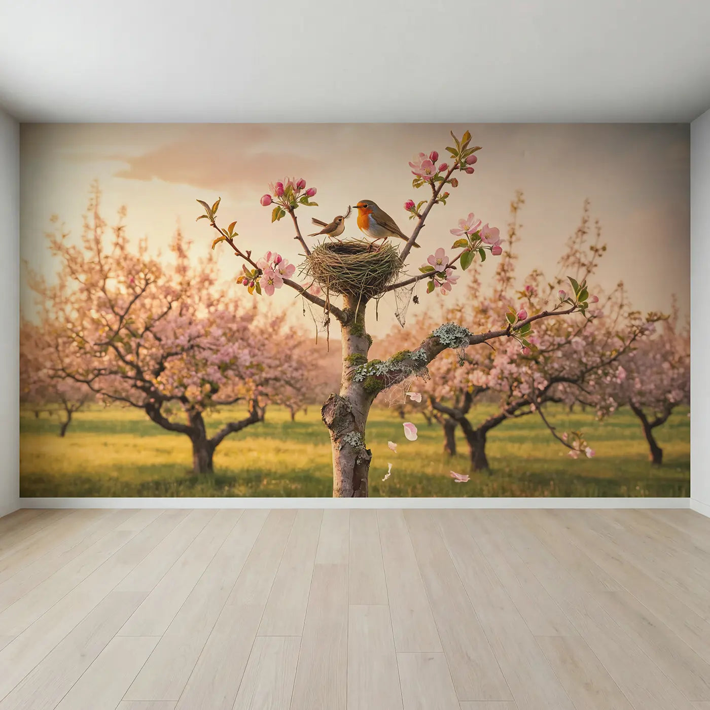 Full view of Robin and Wren Nest Builders Wallpaper Mural by Whimsy Tots
