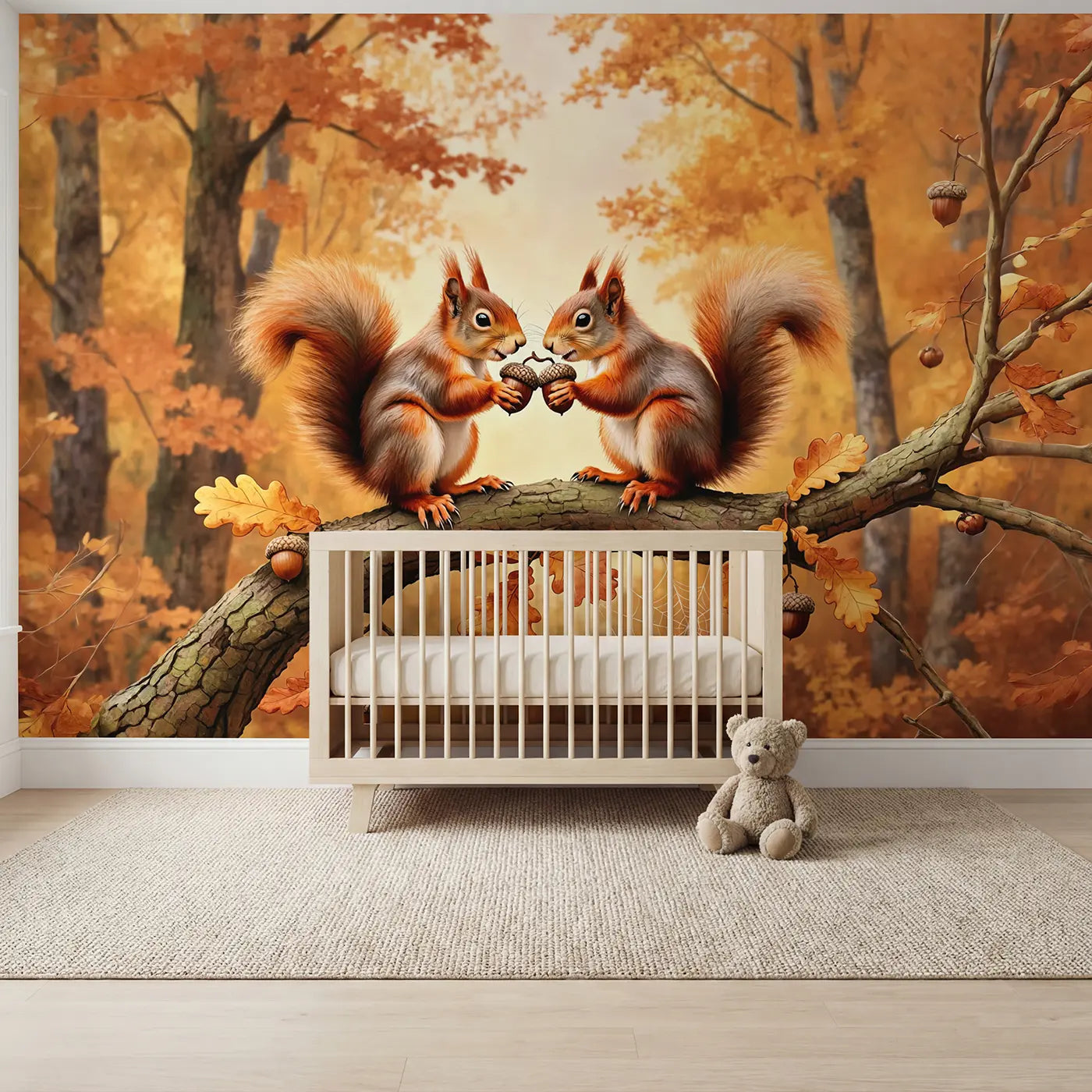 Soft Pastel autumn squirrel acorn wallpaper mural for kids room by Whimsy Tots