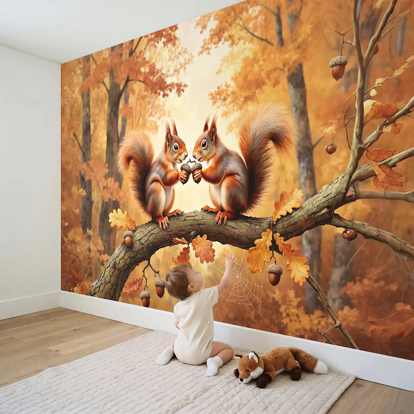 Child in nursery with Autumn Squirrel Acorn Share Wallpaper Mural by Whimsy Tots