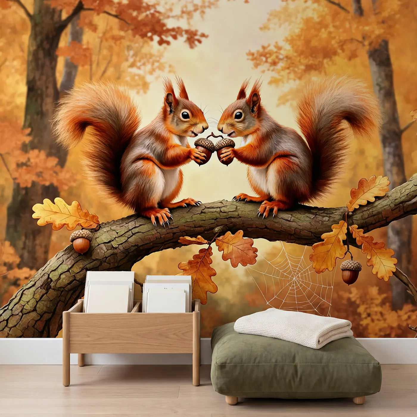 Autumn Squirrel Acorn Share Wallpaper Mural in playroom setting by Whimsy Tots