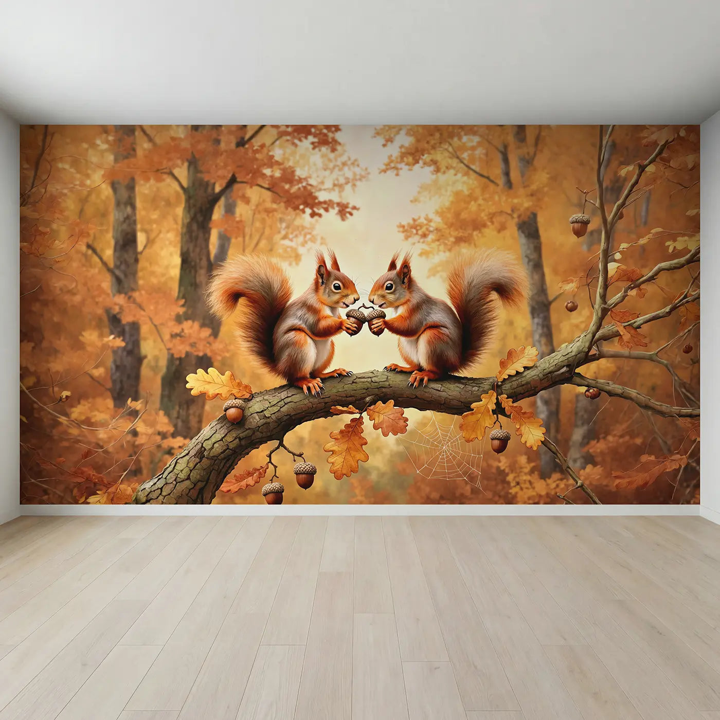 Full view of Autumn Squirrel Acorn Share Wallpaper Mural by Whimsy Tots
