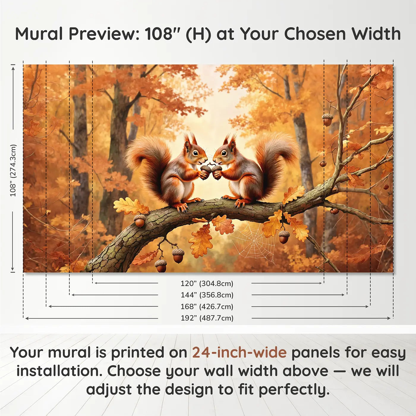 Panel layout and dimensions for Autumn Squirrel Acorn Share Wallpaper Mural by Whimsy Tots