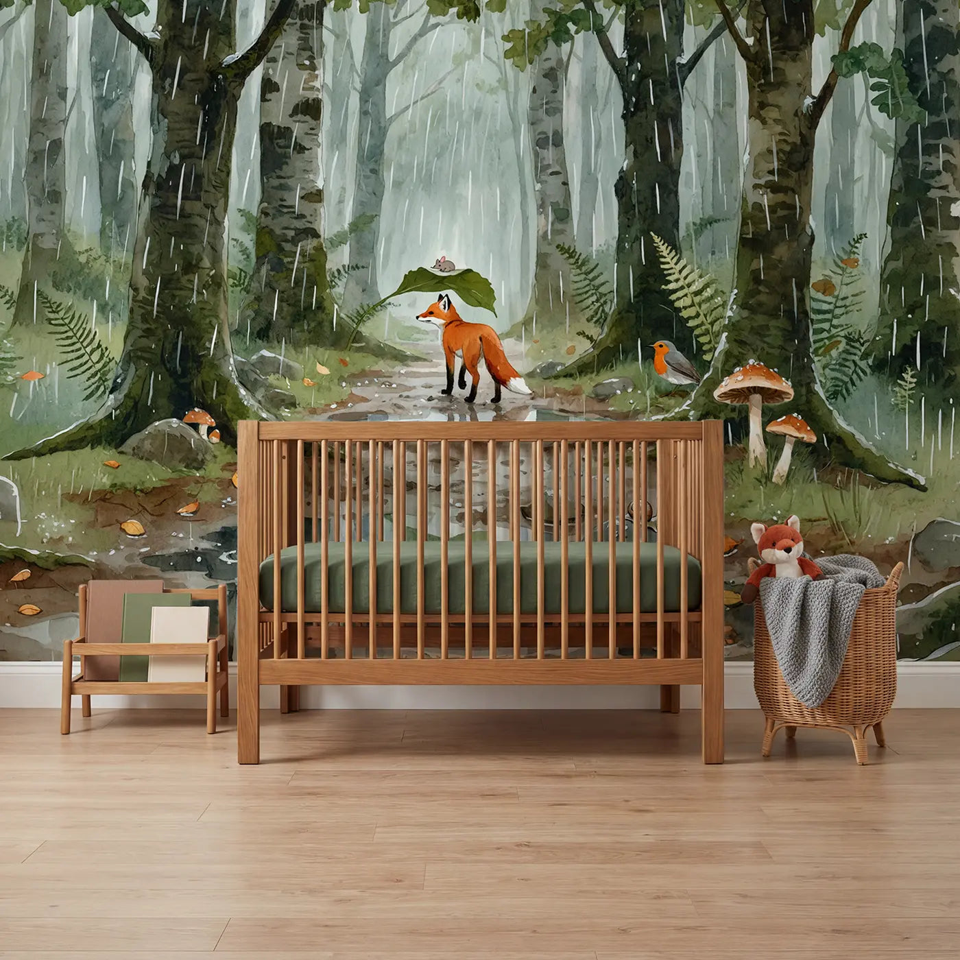 Watercolor fox and mouse with leaf umbrella wallpaper mural for nursery by Whimsy Tots