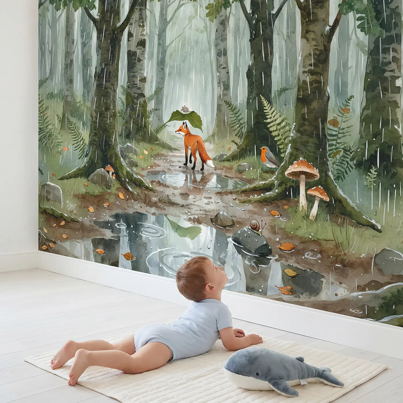 Child in nursery with Fox and Mouse Rainy Umbrella Wallpaper Mural by Whimsy Tots