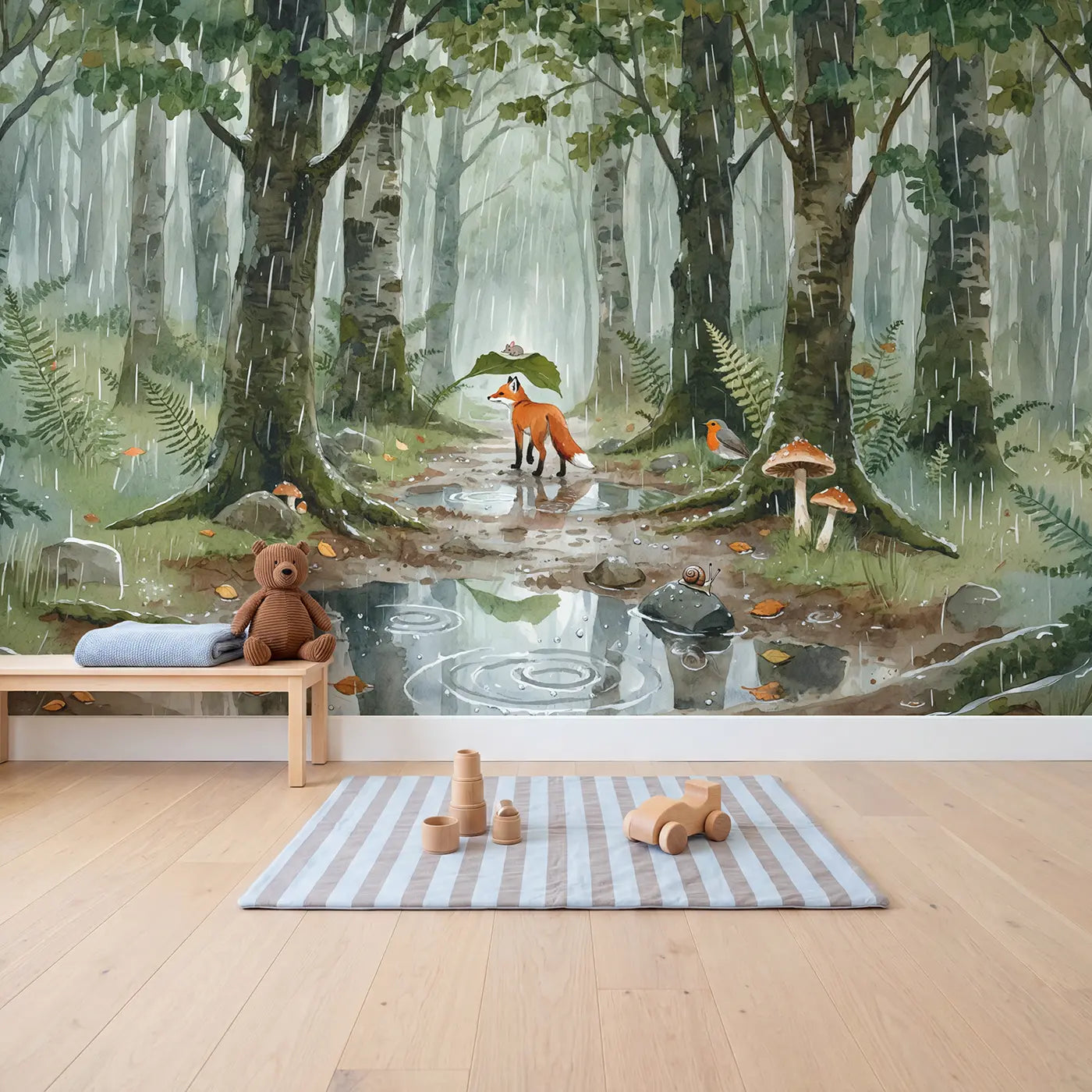 Fox and Mouse Rainy Umbrella Wallpaper Mural in playroom setting by Whimsy Tots