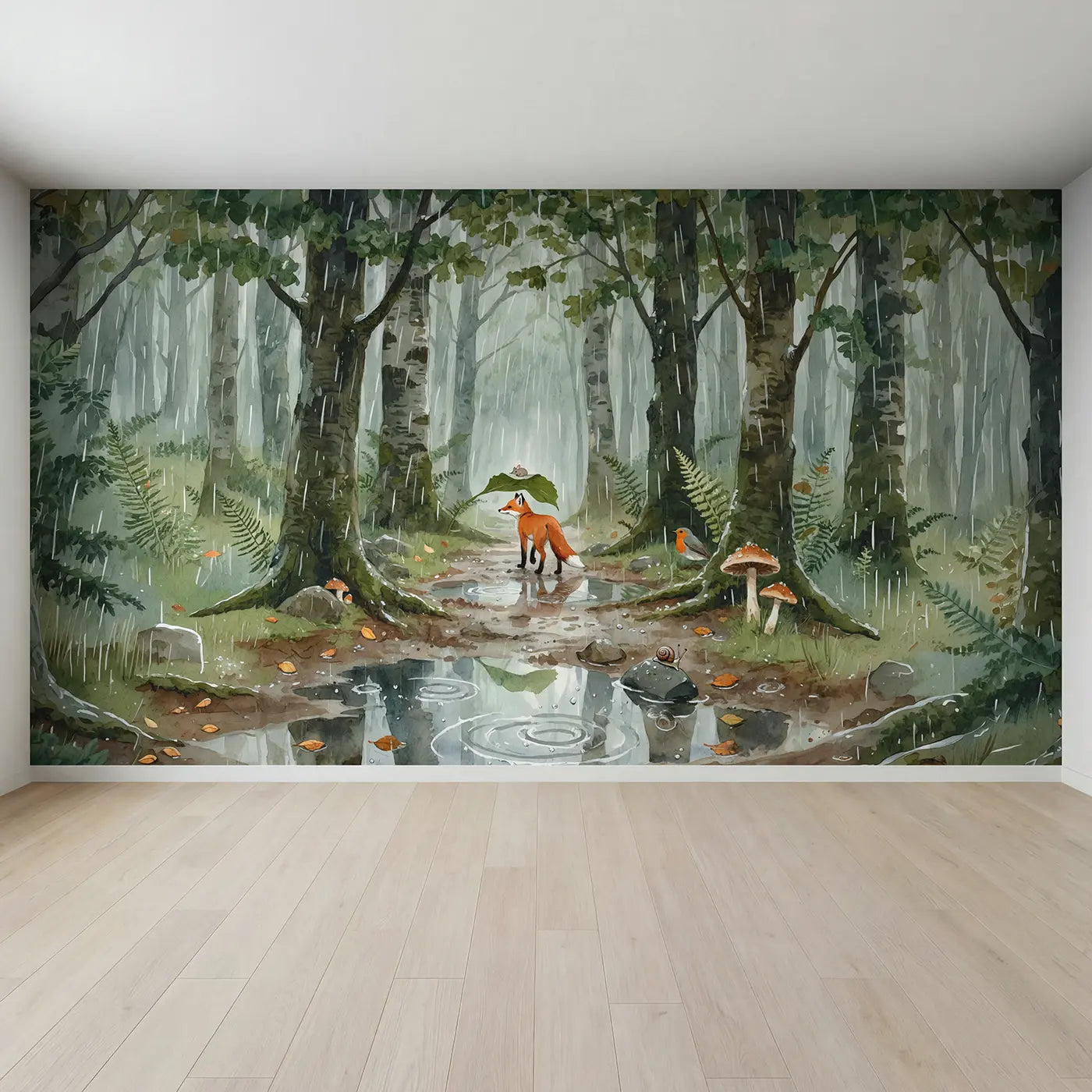 Full view of Fox and Mouse Rainy Umbrella Wallpaper Mural by Whimsy Tots