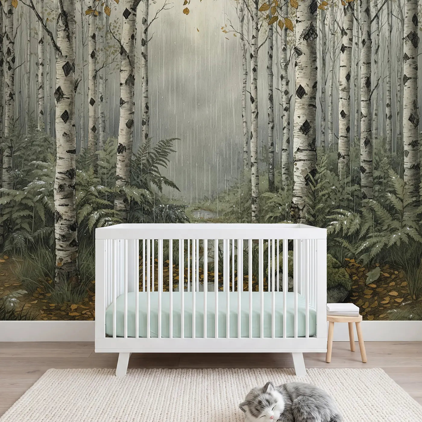 Storybook rainy birch forest stream wallpaper mural for girls room by Whimsy Tots