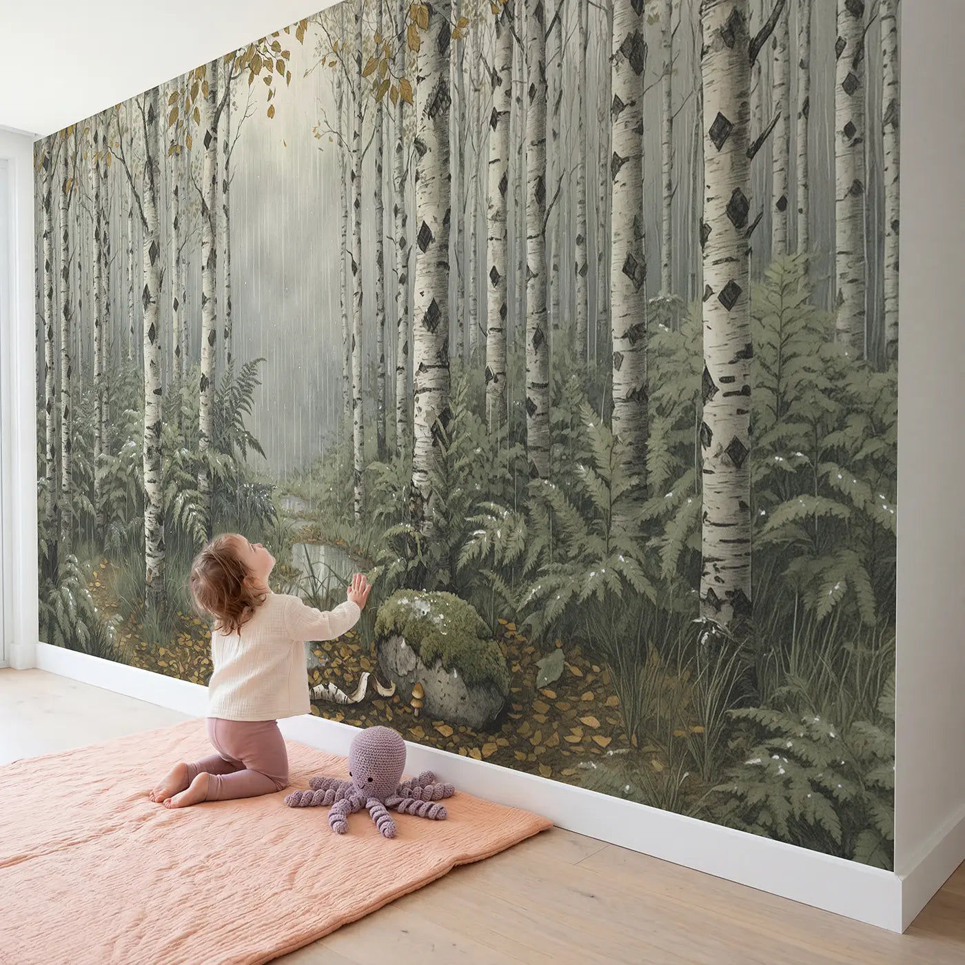 Child in nursery with Rainy Birch Forest Wallpaper Mural by Whimsy Tots