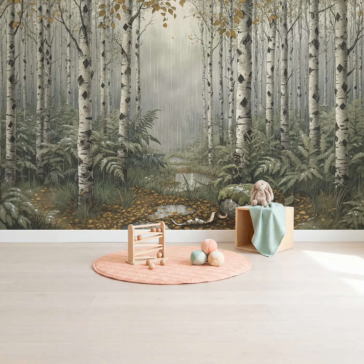 Rainy Birch Forest Wallpaper Mural in playroom setting by Whimsy Tots