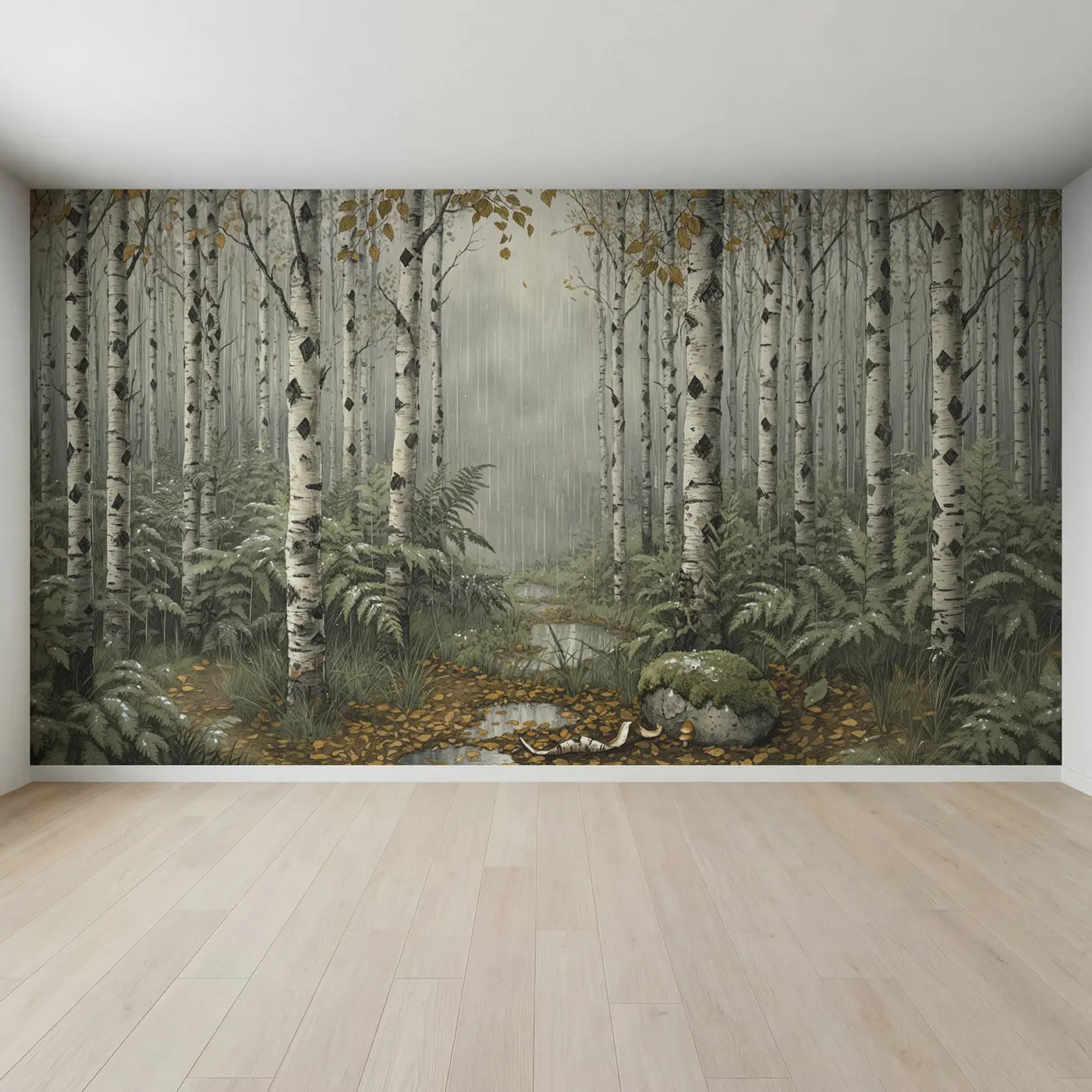 Full view of Rainy Birch Forest Wallpaper Mural by Whimsy Tots