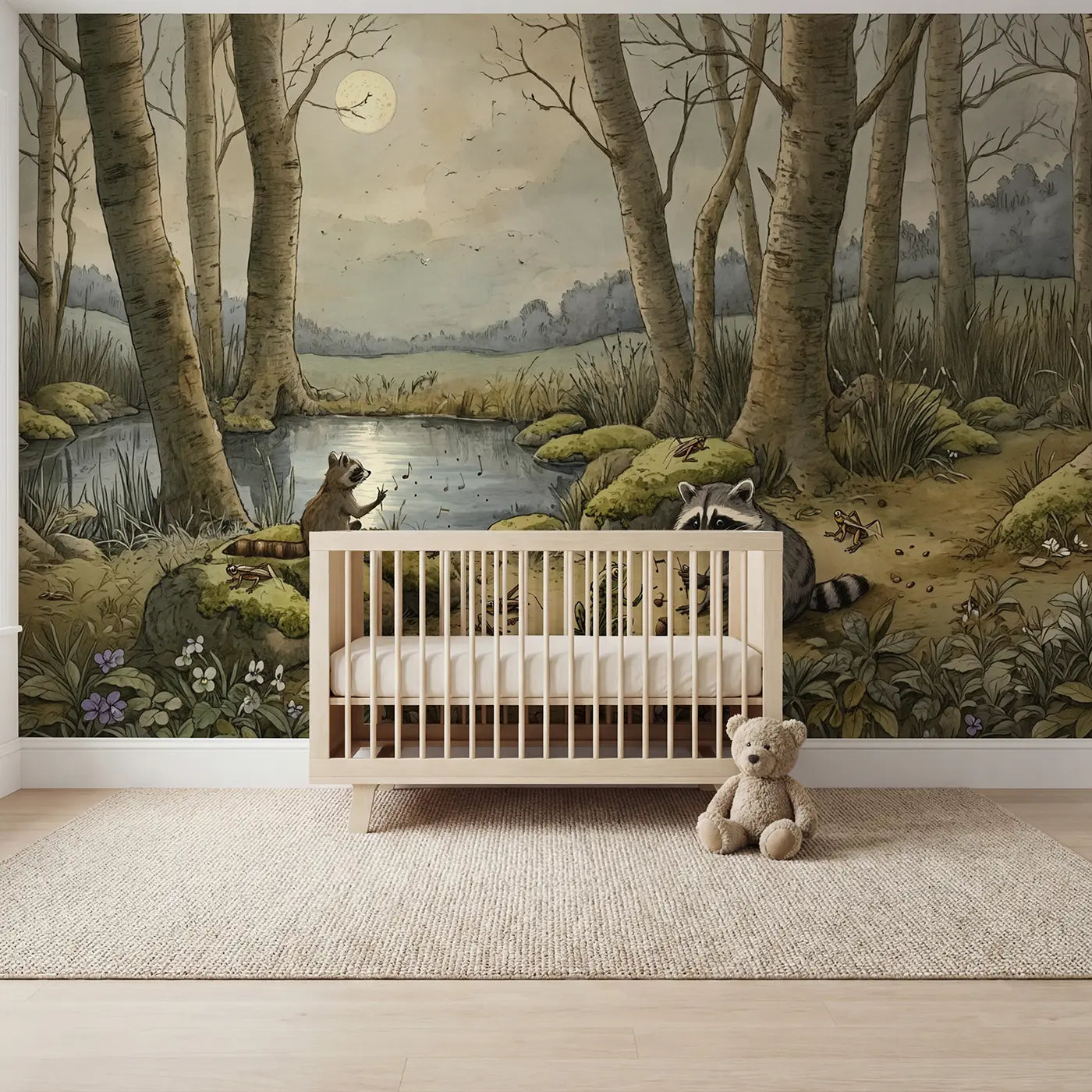 storybook raccoon orchestra forest wallpaper mural for kids room by Whimsy Tots