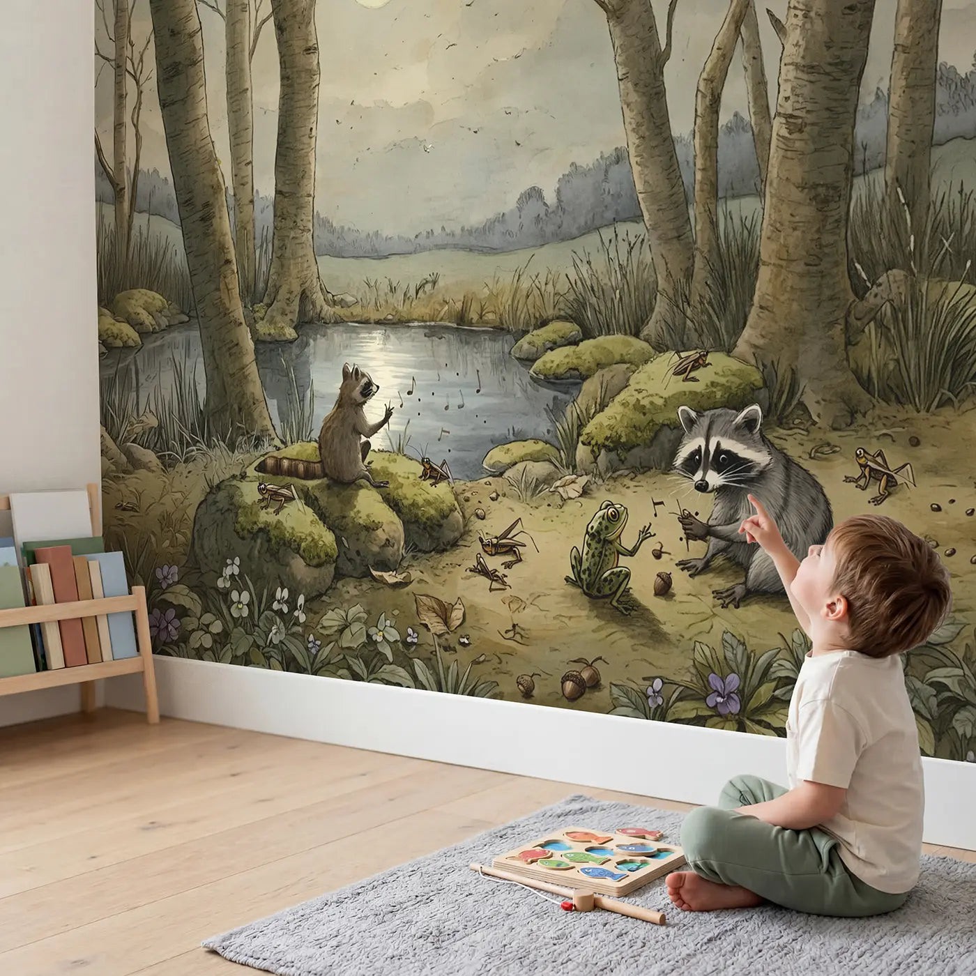 Child in nursery with Raccoon Conducting Orchestra Crickets Wallpaper Mural by Whimsy Tots
