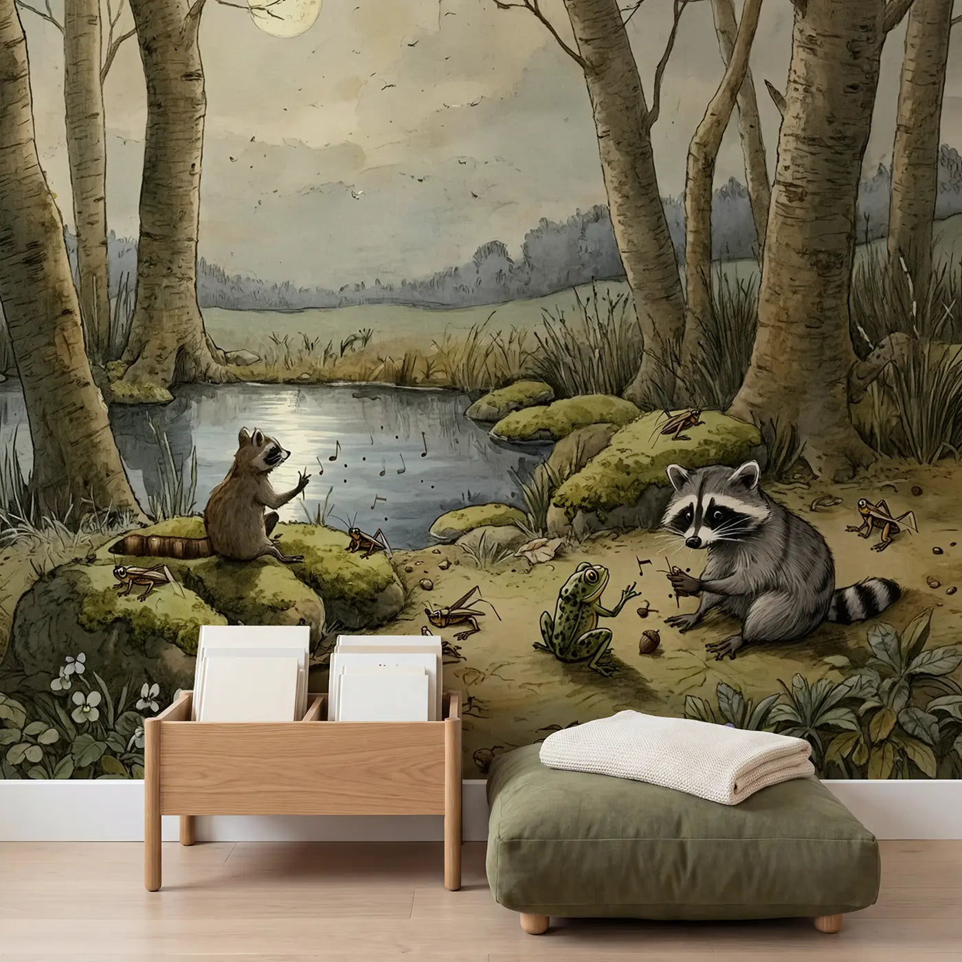 Raccoon Conducting Orchestra Crickets Wallpaper Mural in playroom setting by Whimsy Tots
