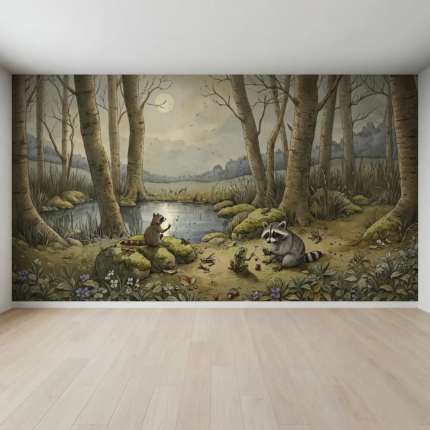 Full view of Raccoon Conducting Orchestra Crickets Wallpaper Mural by Whimsy Tots