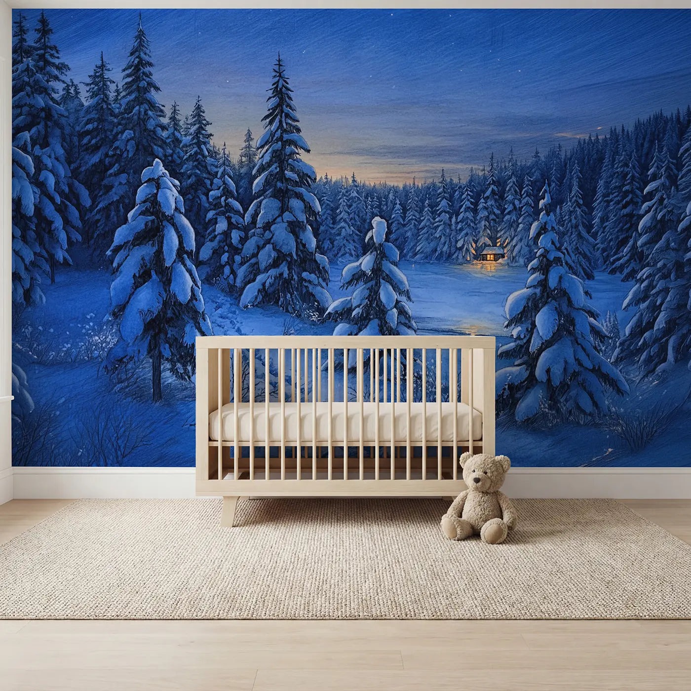 Storybook snowy pine forest twilight wallpaper mural for nursery by Whimsy Tots