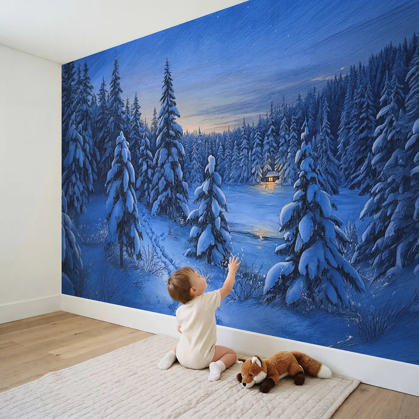 Child in nursery with Nordic Snow Pine Blue Hour Wallpaper Mural by Whimsy Tots