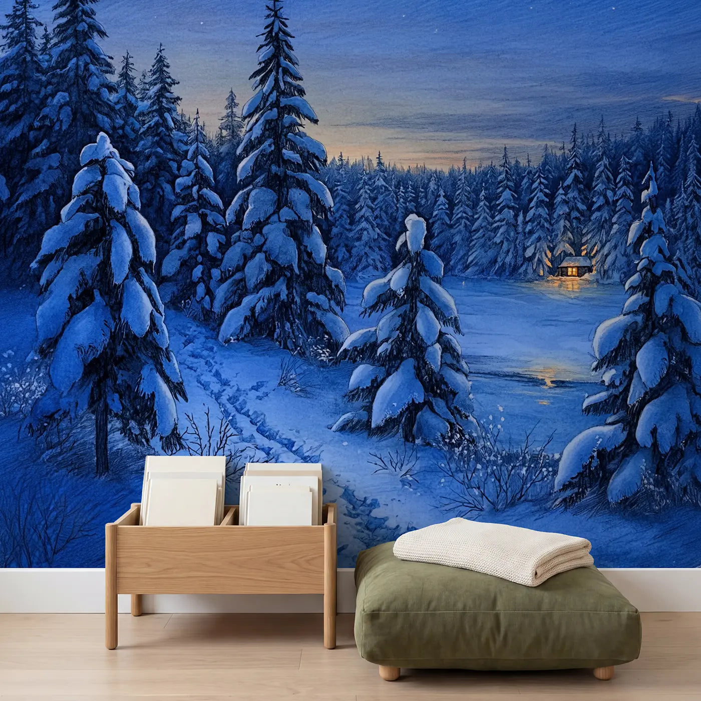 Nordic Snow Pine Blue Hour Wallpaper Mural in playroom setting by Whimsy Tots