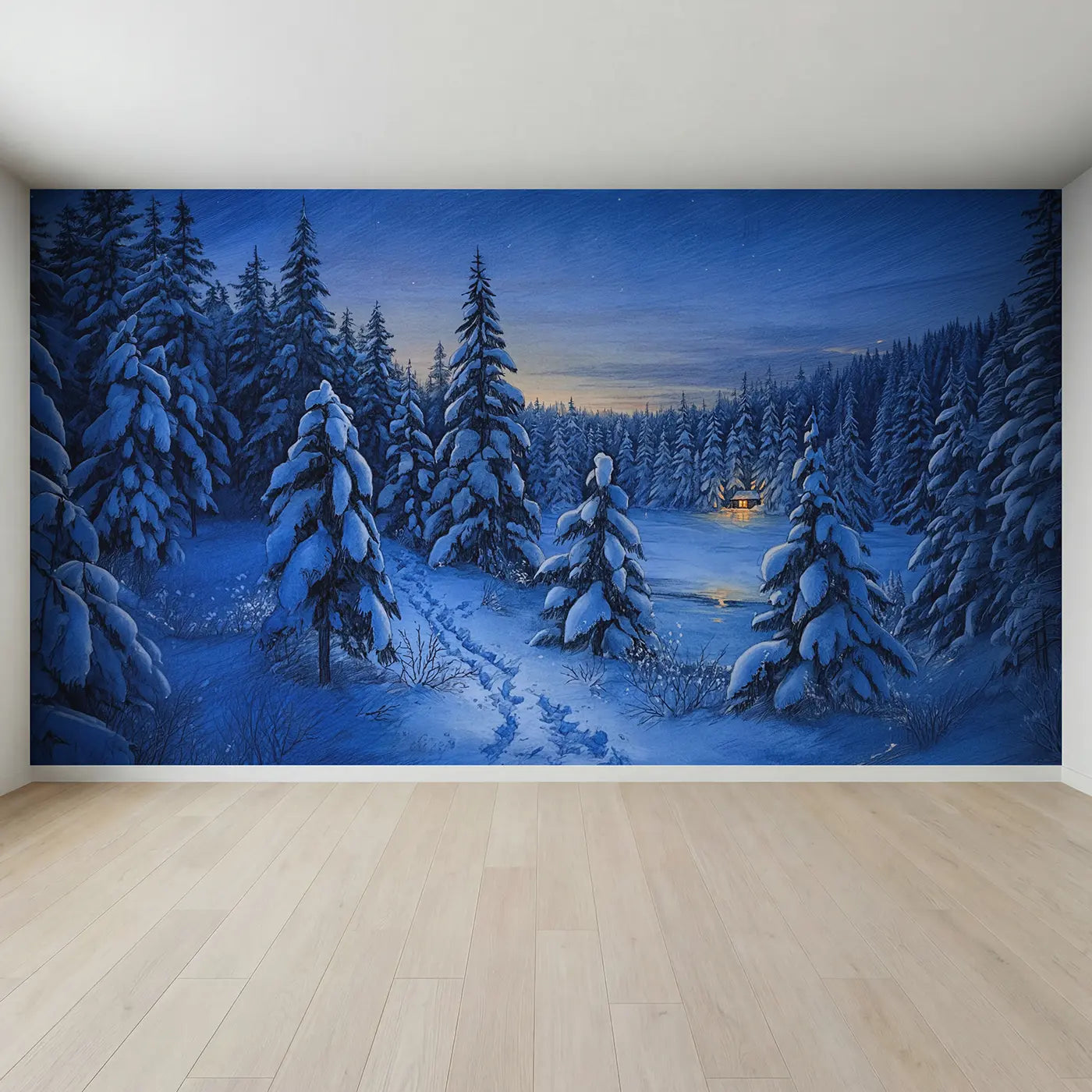 Full view of Nordic Snow Pine Blue Hour Wallpaper Mural by Whimsy Tots