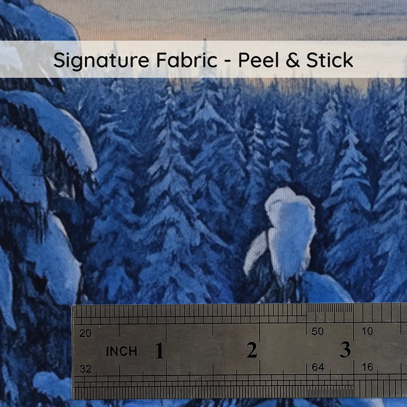 Fabric texture close-up of Nordic Snow Pine Blue Hour Wallpaper Mural by Whimsy Tots