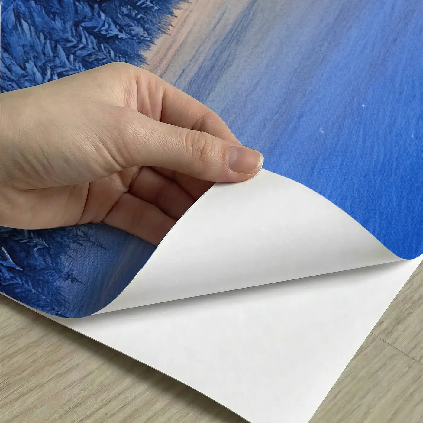 Peel-and-stick detail of Nordic Snow Pine Blue Hour Wallpaper Mural by Whimsy Tots