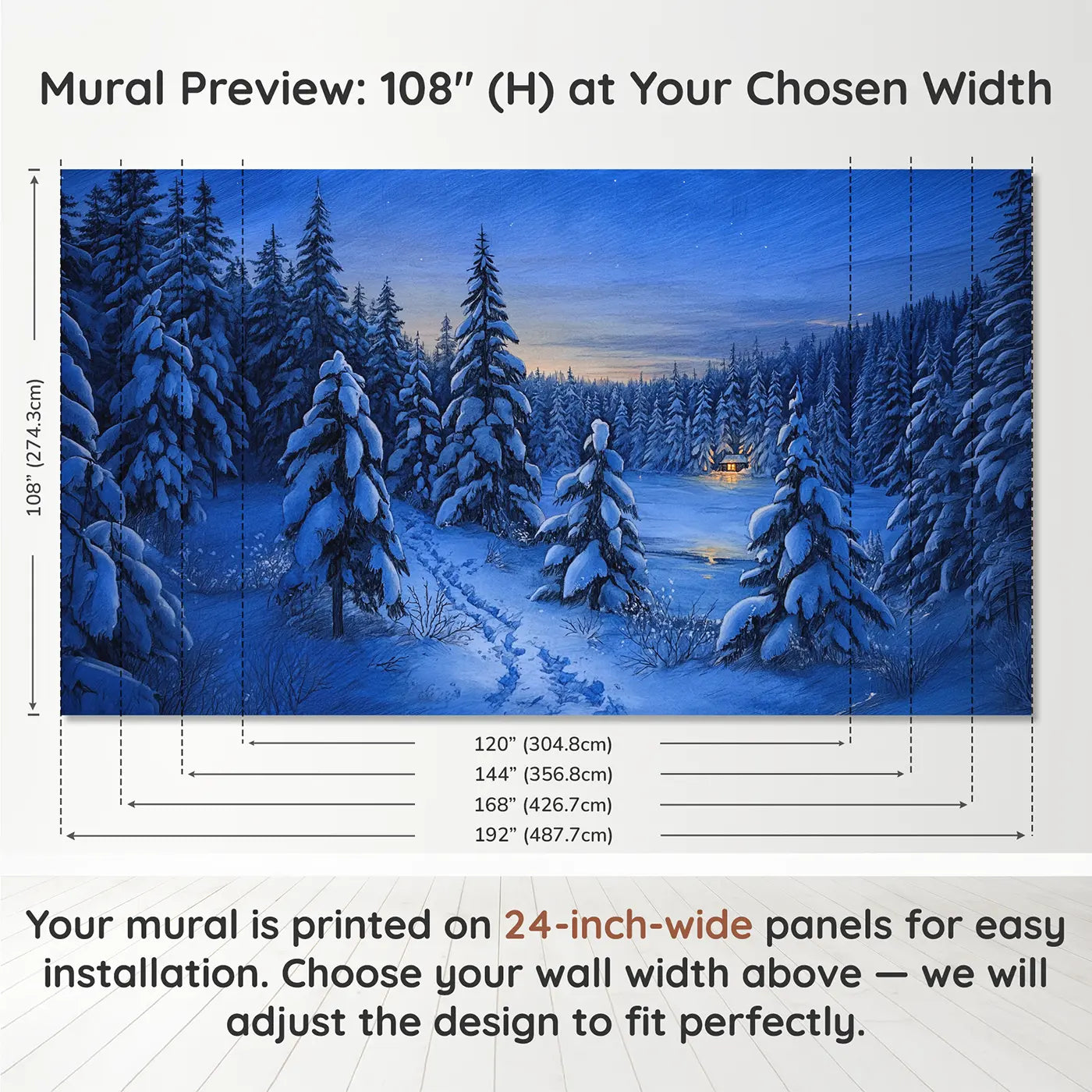 Panel layout and dimensions for Nordic Snow Pine Blue Hour Wallpaper Mural by Whimsy Tots
