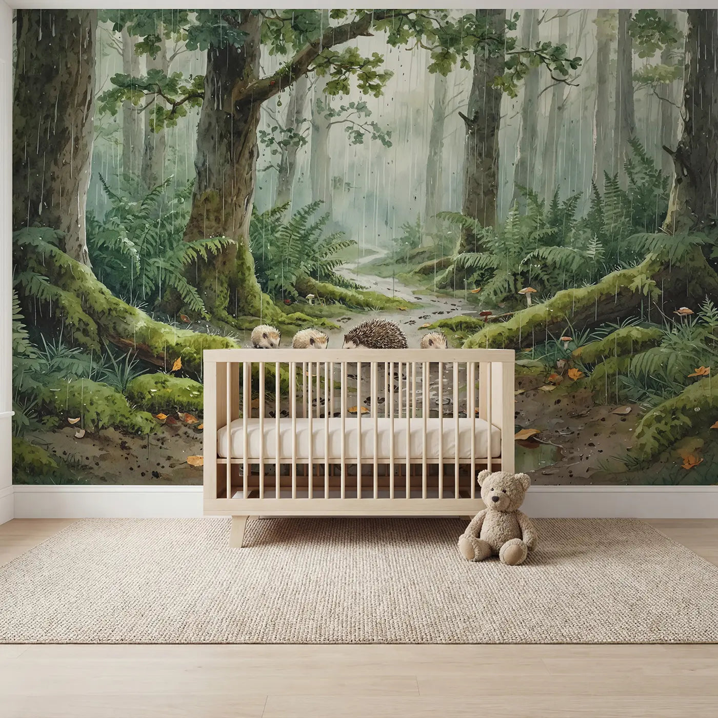 Watercolor hedgehog family on forest path wallpaper mural for kids room by Whimsy Tots
