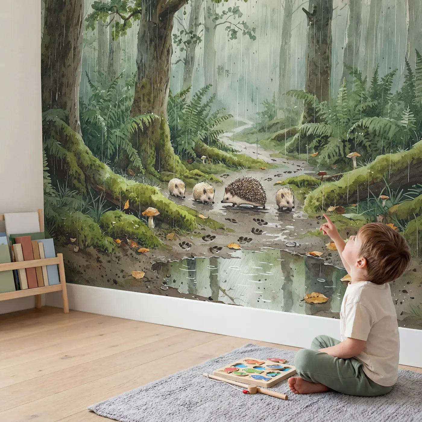 Child in nursery with Hedgehog Family Rainy Path Wallpaper Mural by Whimsy Tots