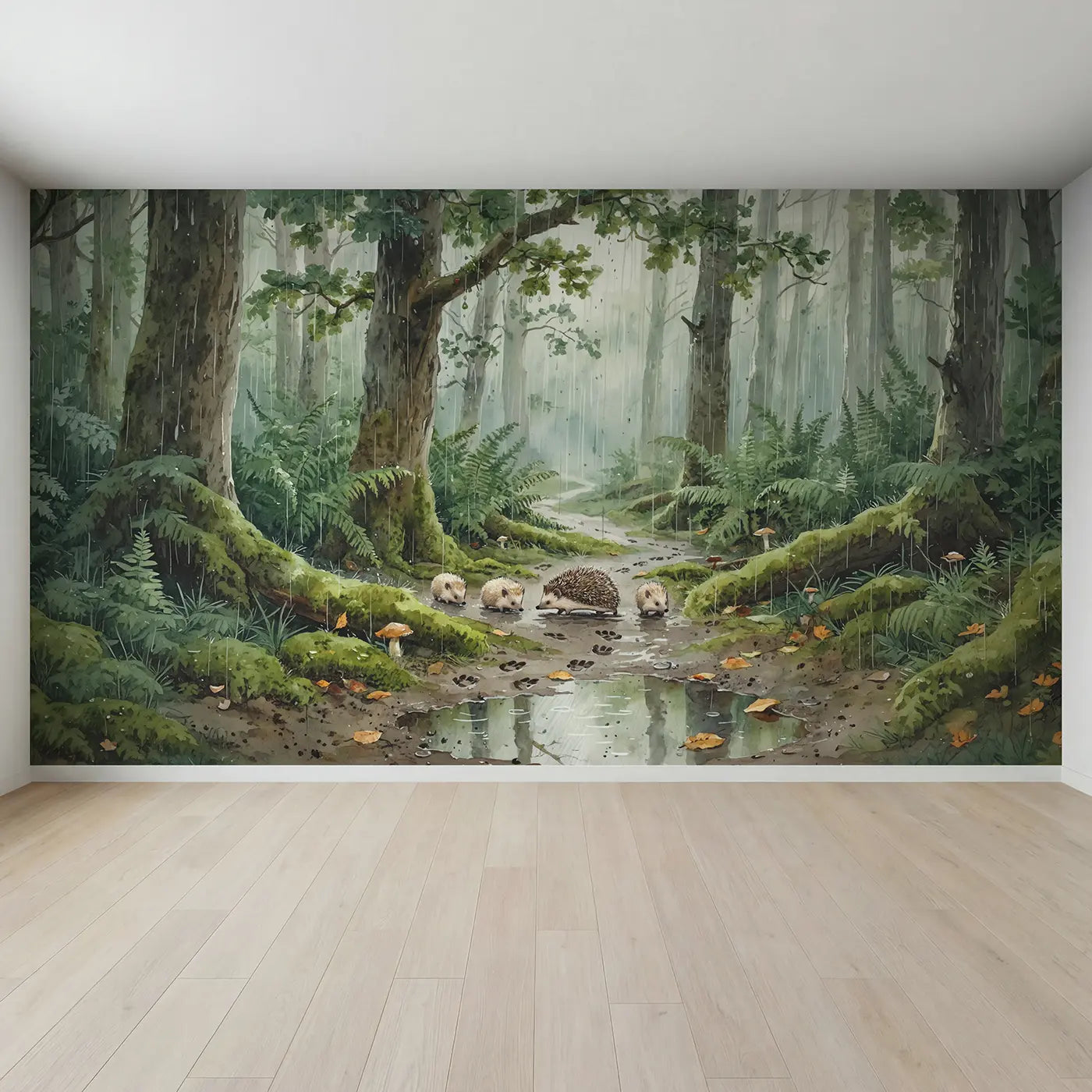 Full view of Hedgehog Family Rainy Path Wallpaper Mural by Whimsy Tots