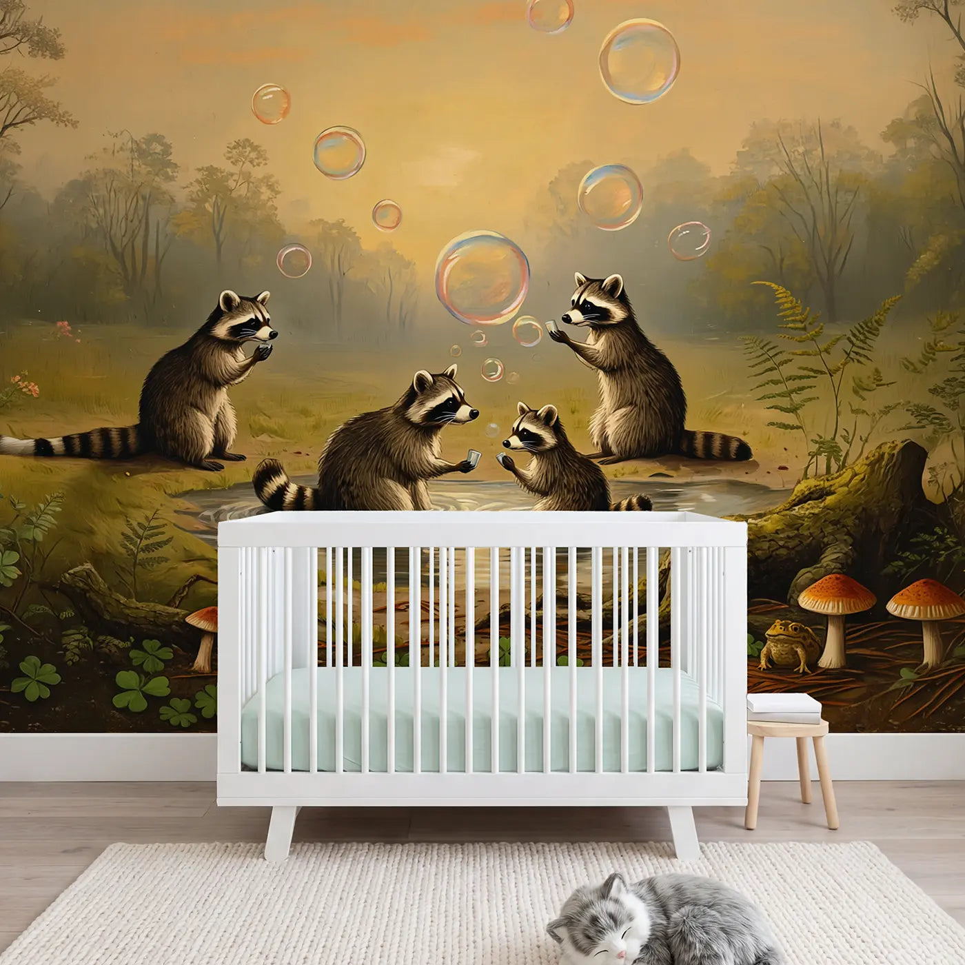 Painted landscape raccoons bath stream wallpaper mural for nursery by Whimsy Tots