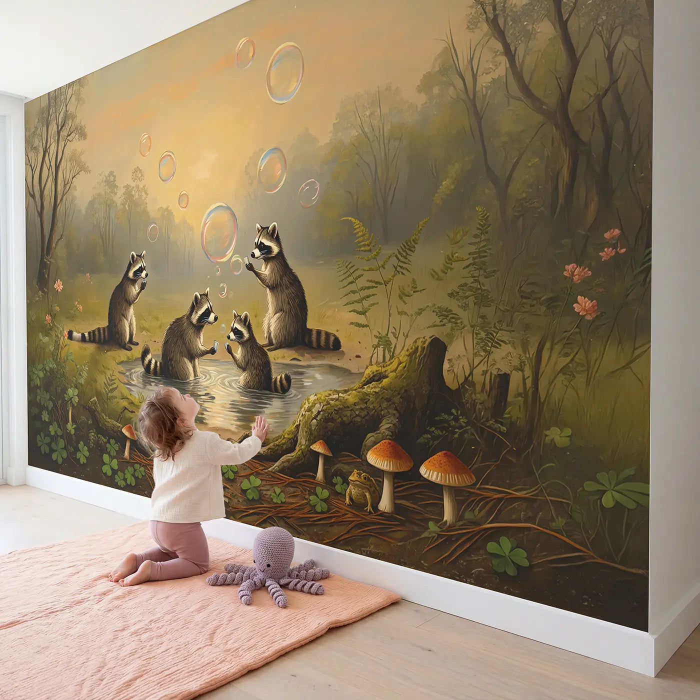 Child in nursery with Raccoons Having Bath Party Wallpaper Mural by Whimsy Tots