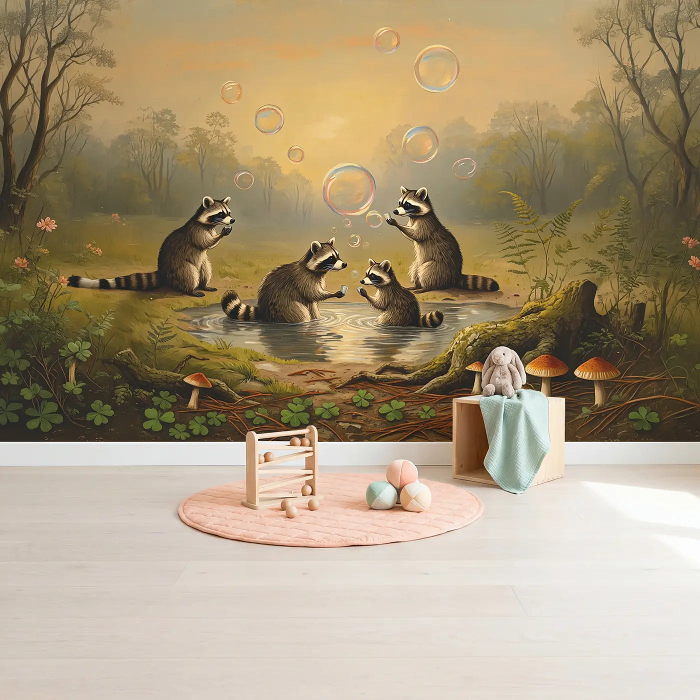 Raccoons Having Bath Party Wallpaper Mural in playroom setting by Whimsy Tots