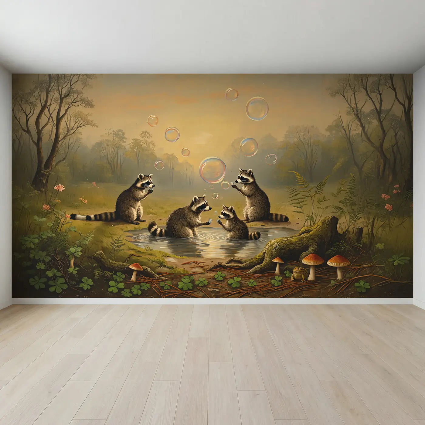 Full view of Raccoons Having Bath Party Wallpaper Mural by Whimsy Tots