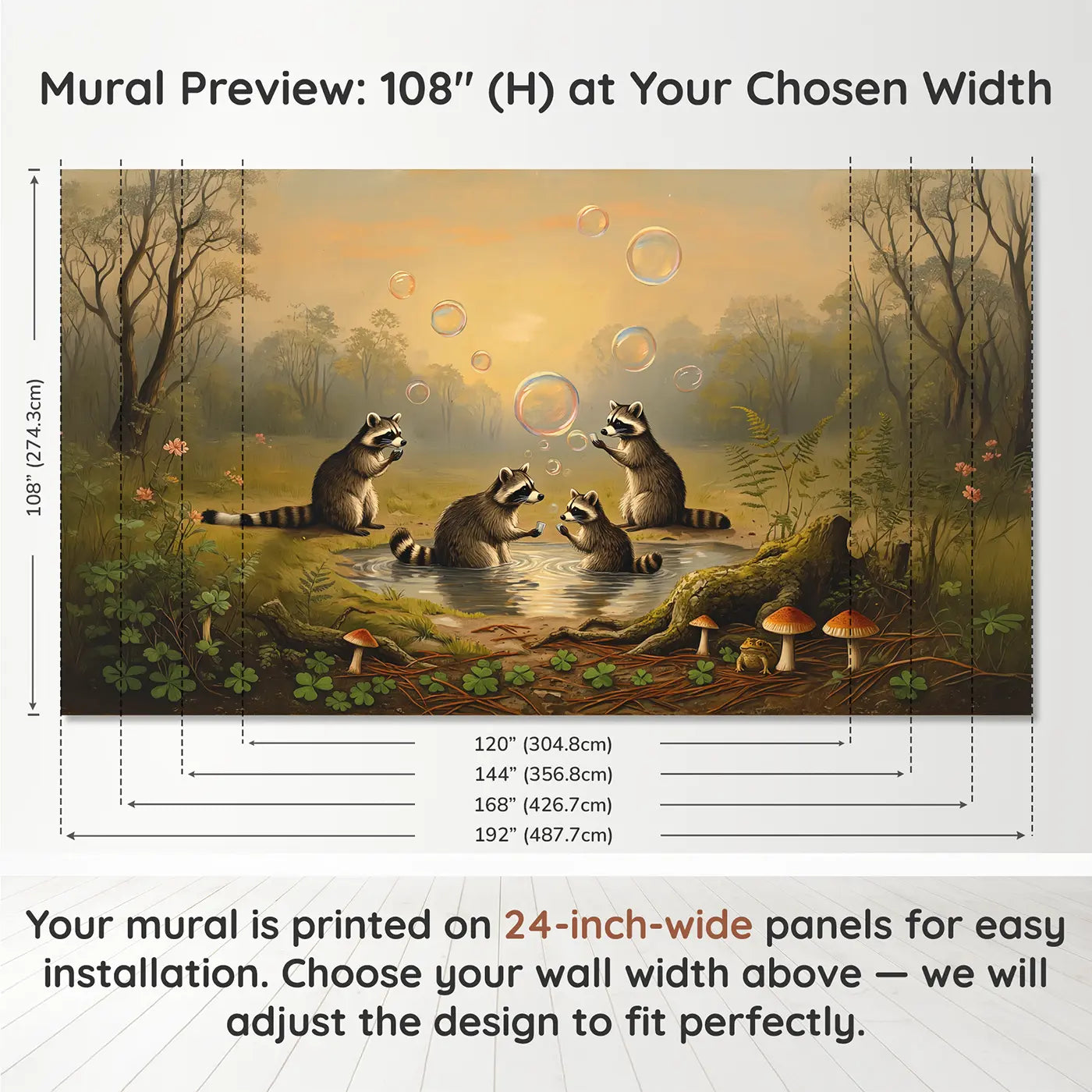 Panel layout and dimensions for Raccoons Having Bath Party Wallpaper Mural by Whimsy Tots