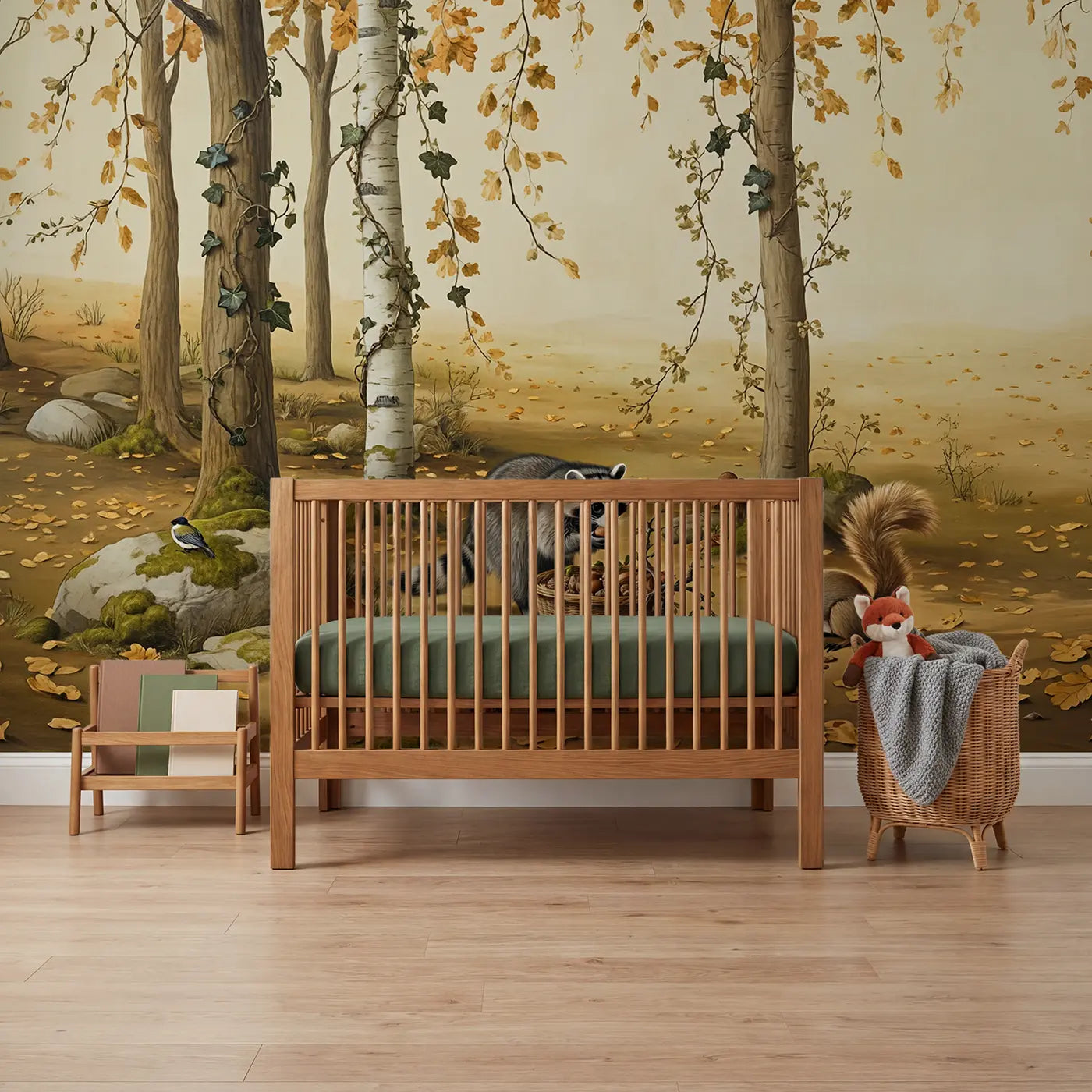 Botanical elegance raccoon squirrel acorn autumn wallpaper mural for nursery by Whimsy Tots