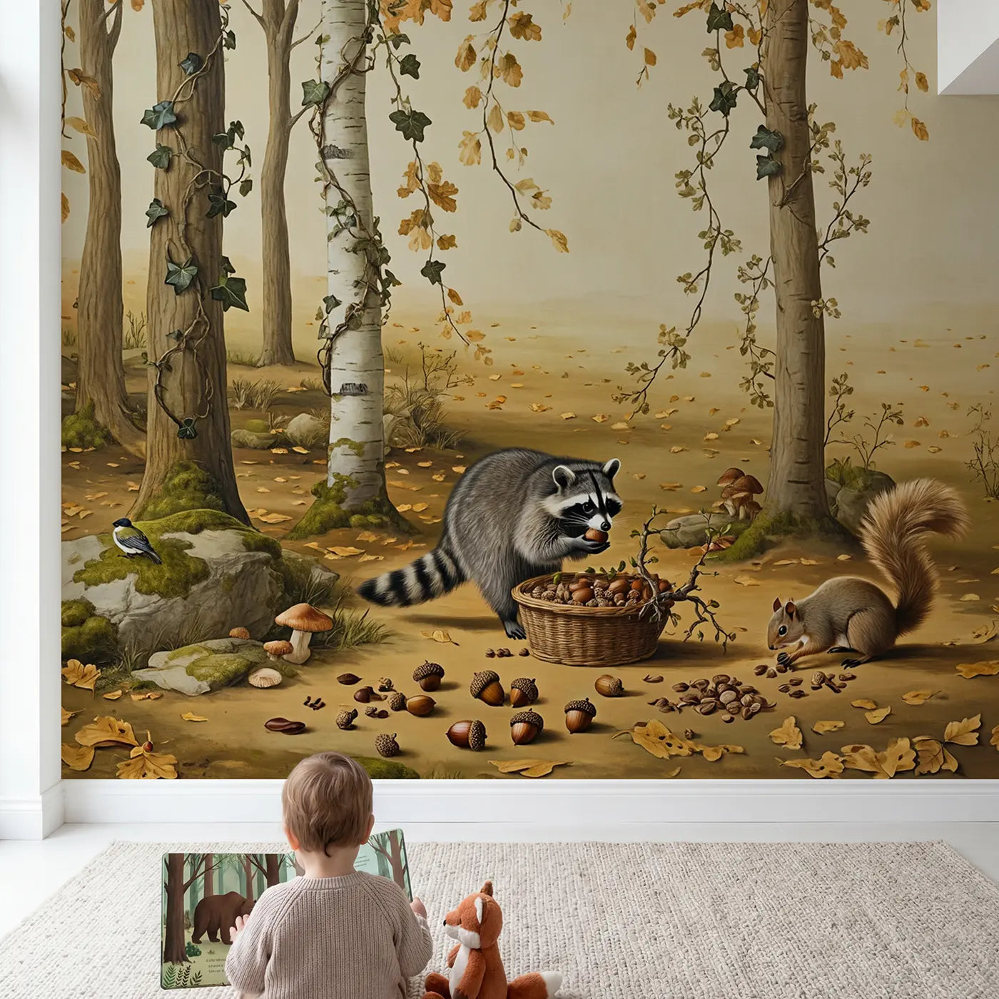 Child in nursery with Autumn Nut Gathering Friends Wallpaper Mural by Whimsy Tots